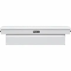 This single-lid crossover box is constructed of aluminum with a white finish. It measures 71 inches in overall width. Designed for pickup truck beds, it provides secure, weather-resistant storage for tools and equipment in construction, maintenance, and fleet operations.