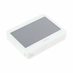 The LENNOX 24K41 is a rectangular touch screen thermostat for heat and cool applications. It supports up to 4 heating and 3 cooling stages for both conventional and heat pump systems, with automatic changeover and 5-2 day programming. Terminal designations include O/B, and it features humidification control. Horizontal mounting orientation.