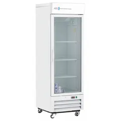 This cabinet maintains a temperature range of 20°C to 25°C for storage of temperature-sensitive materials. It operates on 115 V and includes three adjustable shelves. The right-hinge door provides access, with overall dimensions of 25 in width and 29 3/4 in depth.