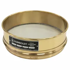 Standard test sieve with 8 in outside diameter and 2 in height. Stainless steel screen cloth, brass frame. Conforms to ASTM E11. US Standard Screen Size #1,000. Used for particle size analysis of granular materials.