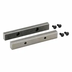 Steel replacement jaw caps for vises, including (4) screws for attachment. Designed to restore the gripping surface on compatible vises. Used in machining, fabrication, and industrial workholding applications.