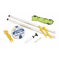This volleyball set features a synthetic leather cover in blue and white with a plastic interior. Designed for recreational play, it is suitable for casual games in gyms, parks, or backyards