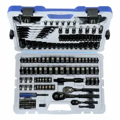 This 183-piece socket set includes 1/4 in, 3/8 in, and 1/2 in drive tools with 6-point sockets in both SAE and metric sizes. The set covers a range from 4 mm to 22 mm and includes deep sockets, socket bits, and wrenches. Suitable for general maintenance and repair tasks requiring secure fastener engagement.