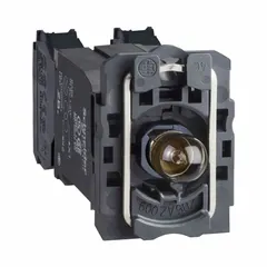 This contact and light block assembly from SCHNEIDER is designed for 22 mm panel mounting and is compatible with the XB5 series. It features a 1NO/1NC contact configuration and a clear lamp module operating at 220 to 240V AC. The unit includes a bulb for visual indication in industrial control panel applications.
