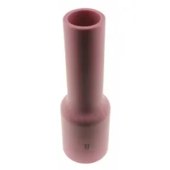 Alumina gas lens nozzle, type No. 8, Long, for TIG welding torches. Improves shielding gas coverage and access to tight joints. Suitable for stainless steel and non-ferrous applications requiring arc stability. Sold in a 10-pack.