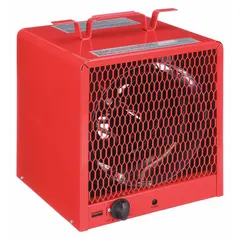 Portable forced-air heater for temporary heating in construction sites, workshops, and garages. Operates on 208/240V AC single-phase power with selectable 3.6kW or 4.8kW output. Includes built-in thermostat and automatic reset thermal overheat protection. NEMA 6-30P plug. Dimensions: 13 in H x 10-7/16 in W x 10-7/16 in D.