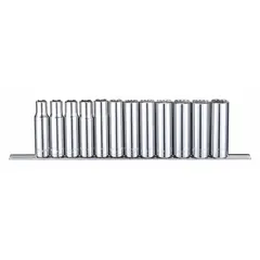 This 12-piece metric socket set features a 1/2 in drive and 12-point design, covering sizes from 10 mm to 21 mm. Includes deep sockets for accessing recessed fasteners and is tether ready for safety. Suitable for tightening and loosening fasteners in automotive, industrial, and maintenance tasks.