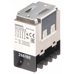Bracket-mounted enclosed power relay from the OMRON G7J series. Features a DPST-NC/DPST-NO contact configuration, 25 A current rating at 220V AC (resistive load NO), and a coil voltage of 200/240V AC. Includes a square base, W-bracket mounting, and screw terminal connections. Suitable for switching high-current loads in industrial control panels and automation equipment.