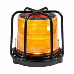 Amber LED warning beacon with round shape, 5 5/8 in overall height, and 25 selectable flash patterns. Operates on 12-24V DC, includes a Branch Guard, connects via wire leads, and mounts on a pipe. Rated SAE Class 1 for high-visibility warning in vehicle and industrial applications.