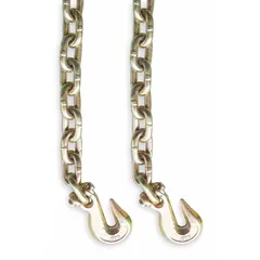 This tie-down chain is made of alloy steel with welded construction and includes a grab hook. It is suitable for securing cargo during transport within a temperature range of -40°F to 400°F. Not for lifting applications.