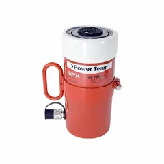Single-acting hydraulic ram with 100 ton nominal capacity and 10 in nominal stroke length. Designed for lifting, pressing, and pushing tasks in industrial maintenance, equipment repair, and structural alignment applications.