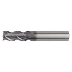 Carbide square end mill with AlTiN coating for milling steel and cast iron. Three-flute geometry aids chip evacuation. 12 mm diameter, 25 mm length of cut, 76 mm overall length.
