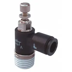 Miniature elbow-style flow control valve with a 6 mm valve body size for 6 mm tubing. Features screw adjustment for meter-out flow regulation. Constructed of technical polymer. Used in pneumatic systems for precise air flow control in confined spaces.