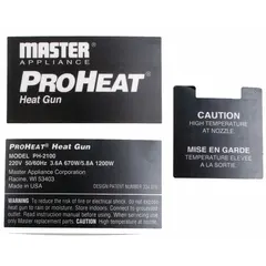 Replacement voltage rating label for Master Appliance PH-2100 heat tools. Indicates 220V operation for proper identification during maintenance or repair.