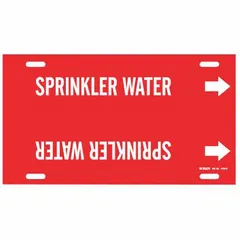 Red pipe marker with white legend reading 'Sprinkler Water' for identifying sprinkler water lines. Fits pipe outer diameters of 10 to 15 inches. Includes directional arrows. Supplied as a single strap-on marker.