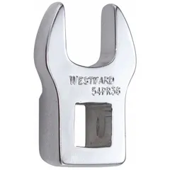 This SAE open end crowfoot wrench features a 1/2-inch head size and 3/8-inch drive size with a rounded, chrome finish. It is used to access fasteners in confined spaces where a standard socket cannot fit, attaching to a ratchet or torque wrench for tightening or loosening nuts and bolts.