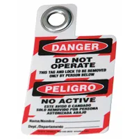 This vinyl danger tag features bilingual text 'Peligro/Danger' and 'Danger Do Not Operate'. It includes a write-on surface for custom information. Used in industrial settings to warn against equipment operation during maintenance or lockout/tagout procedures
