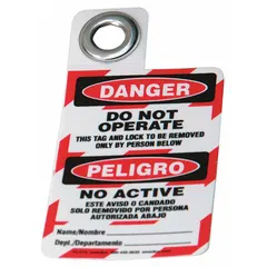 This vinyl danger tag features bilingual text 'Peligro/Danger' and 'Danger Do Not Operate'. It includes a write-on surface for custom information. Used in industrial settings to warn against equipment operation during maintenance or lockout/tagout procedures.