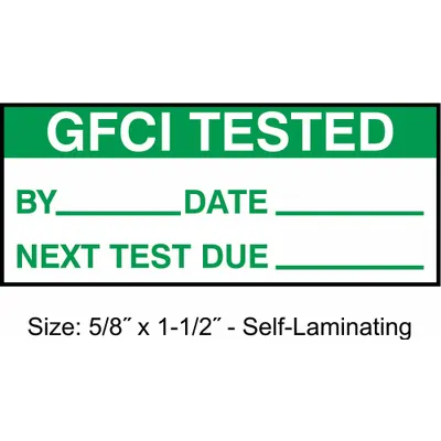 STRANCO Maintenance Label: GFCI Tested, 1 1/2 in Wd, 5/8 in Ht, Green/White, Rectangle - Safety