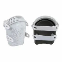 These knee pads feature a plastic cap and foam pad for kneeling protection. They secure with two rubber straps and button closure. Suitable for tasks requiring knee protection in industrial, construction, and maintenance settings.