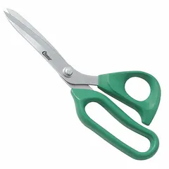 These 9-inch offset plastic-handle scissors feature straight stainless steel blades with pointed tips, designed for right-hand use. The green handles provide a comfortable grip for multipurpose cutting tasks such as fabric, paper, and light plastics.