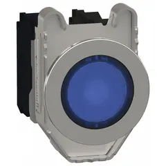 This illuminated flush-mount push button from the XB4 series features a metallic construction and a momentary action. It has a 30 mm mounting diameter and a 1NO/1NC contact configuration. Typical applications include machine control, panel signaling, and industrial automation.