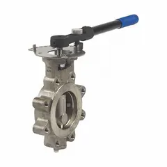 This carbon steel lug-style butterfly valve is designed for high-performance applications. It features a 5-inch pipe size, RPFTE liner, and lever handle, with a maximum pressure rating of 285 psi (CWP). Suitable for isolation and flow control in industrial piping systems handling steam, water, and process fluids.
