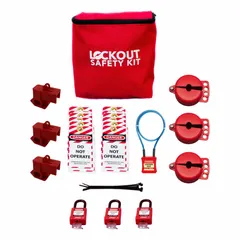 Portable lockout kit in a canvas pouch (3 in D x 7 in W x 8.5 in H) for isolating laboratory valves. Includes three keyed-different red padlocks, three needle valve knob handle lockout devices, three laboratory gas/liquid lockout devices, one cable padlock with 2 ft cable, ten lockout tags, and ten cable ties. Suitable for securing needle gate valves during maintenance.