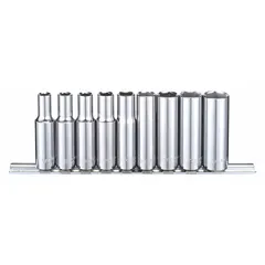 This 9-piece socket set includes 6-point deep SAE sockets with a 3/8 in drive, ranging from 1/4 in to 5/8 in. The set is tether ready for drop prevention. Suitable for tightening and loosening hex fasteners in automotive repair, equipment maintenance, and general industrial assembly.