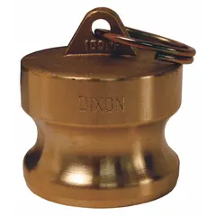 Forged brass dust plug for cam and groove couplings. Seals open coupling ends to prevent dirt, debris, and moisture ingress during storage or idle periods. Rated for 150 psi maximum working pressure at 70°F. Overall length 2-21/32 in.