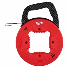 This 25 ft steel fish tape features a flat tape shape and a formed hook end for gripping wires. The manual wind tape retraction mechanism with an internal rotating winder slide allows controlled retrieval. The housing measures 7 inches. Used for routing wires and cables through walls, conduits, and ceilings.