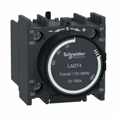 On-delay timer module for front mounting on TeSys Deca contactors or starters. Provides a 10 to 180 second delay range with 1 normally open and 1 normally closed contact. Rated for maximum 690V AC. Used in motor control and industrial automation for sequencing and delayed start-up.