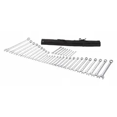 This 35-piece combination wrench set includes both SAE and Metric 12-point wrenches with a chrome finish. The wrenches feature a 15° head offset angle for improved access to fasteners in tight spaces. The set is organized in a pouch for convenient storage and transport. Suitable for general fastening and loosening tasks in maintenance and assembly applications.