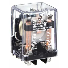 Socket-mounted latching relay with square base and round pins. DPDT contact configuration rated 10 A at 24V DC. Plug-in mounting with 9 terminals and C socket. Suitable for industrial control circuits requiring maintained state after power loss.
