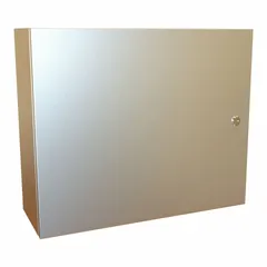 This 304 stainless steel enclosure measures 20 x 24 x 8 inches and features a hinged cover with a 1/4-turn latch. Rated NEMA 12/13/3R/4/4X, it provides protection against dust, falling dirt, dripping non-corrosive liquids, rain, sleet, hose-directed water, and corrosion. Suitable for indoor or outdoor use in industrial environments to house electrical controls, terminals, and instruments. Knockouts are not included.