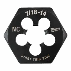 This solid hex rethreading die is used to clean or restore damaged external threads on bolts, studs, or rods. It features a 7/16"-14 UNC thread size, 1-inch hex width, and is made from black oxide carbon steel. Suitable for hand or tool use in maintenance and repair applications.