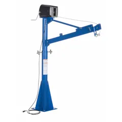 This steel davit crane kit includes a pedestal base and electric operation for lifting loads up to 1,500 lb. The boom adjusts from 3.6 ft to 5.6 ft, making it suitable for material handling, maintenance, and assembly tasks where a fixed overhead crane is not available.