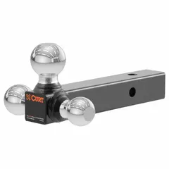 Steel non-adjustable ball mount for Class IV receivers. Features three ball diameters (2 in, 1-7/8 in, 2-5/16 in) to accommodate various trailer coupler sizes. Powder-coated finish with UV resistance. Weight 19 lb. Limited lifetime warranty (1 year finish, 1 year parts).