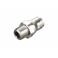 Nickel-plated brass push-to-connect adapter fitting with 3/8 in OD tube connection and 1/8 in male NPT thread. Suitable for connecting tubing to threaded ports in pneumatic or fluid systems. Silver finish