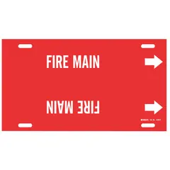 Strap-on pipe marker for identifying fire main piping. Red background with white legend text reading 'Fire Main' and directional arrows. Fits pipe outer diameters of 10 to 15 inches. Includes one marker per package.