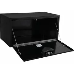 This single drop-down door box is designed for underbody truck mounting, providing secure storage for tools and equipment. Finished in gloss black with a keyed lock, it offers weather-resistant protection for vehicle accessories.