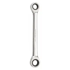 This double-end ratcheting box end wrench features 12-point heads sized 1/2 in and 7/16 in for SAE fasteners. Constructed from alloy steel with a chrome finish, it has a standard length of 6-1/4 in. Suitable for tightening or loosening fasteners in maintenance, repair, and assembly tasks.