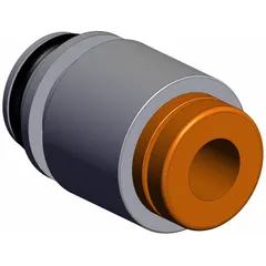 This fitting is designed for 5/32 in x 5/32 in tube outer diameter and is part of the VQ1000 Series solenoid valve manifolds. It operates within a temperature range of 14°F to 122°F. Used to connect pneumatic tubing in industrial automation systems for air flow control.