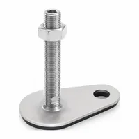 Male leveling mount with swiveling stud, teardrop base, and Buna-N thrust pad for non-skid support. Rated at 4,496 lbf capacity with 5/8"-11 thread. Includes nut and mounting holes. Used for leveling and stabilizing machinery, conveyors, and heavy equipment