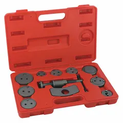 Carbon steel brake caliper tool set with 13 in overall length. Includes reaction plate for winding back brake pistons during pad replacement. Universal fit for most cars.