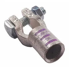 This straight alignment battery terminal is designed for 3/0 gauge cable and features a crimp connection type. Made of copper with a purple color code, it is intended for negative polarity applications in heavy-duty electrical systems such as vehicles and industrial equipment. Overall width is 1 inch.