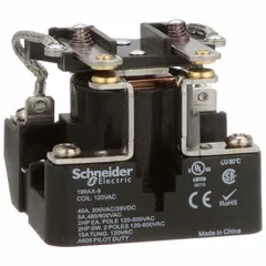 Surface-mounted relay from the 199 Power Series with a square base and screw terminals. Rated 40 A at 120V AC, DPST-NO contact configuration, 6 pins. Operating current 15 A at 120V AC for tungsten filament loads. Used in industrial control panels, HVAC systems, and lighting circuits.
