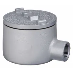 Aluminum conduit outlet body with 90° elbow E body style, threaded female hub, and flat back. Includes cover and O-ring. Powder coated finish. For use with threaded IMC in hazardous locations. Certified to CSA C22.2 No. 30.