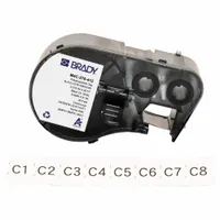 Continuous tag roll cartridge for industrial labeling and identification. Polypropylene material with black-on-white printing and matte finish. Rated for outdoor use. Compatible with BMP51 printer series