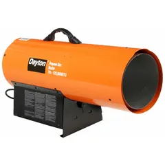 This direct-fired portable gas torpedo heater provides temporary heating for large, unheated spaces such as construction sites, warehouses, and workshops. It features a flame-out sensor for safety and measures 16-1/8 in H x 25-5/8 in W x 11-13/16 in D.
